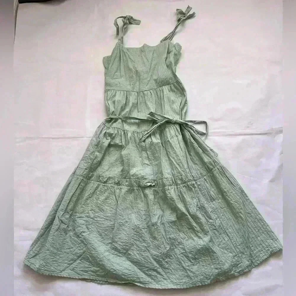 TOPSHOP Womens Tie Shoulder Strap Pintuck Maxi Dress In Sage Green‎ Size 6 Boho